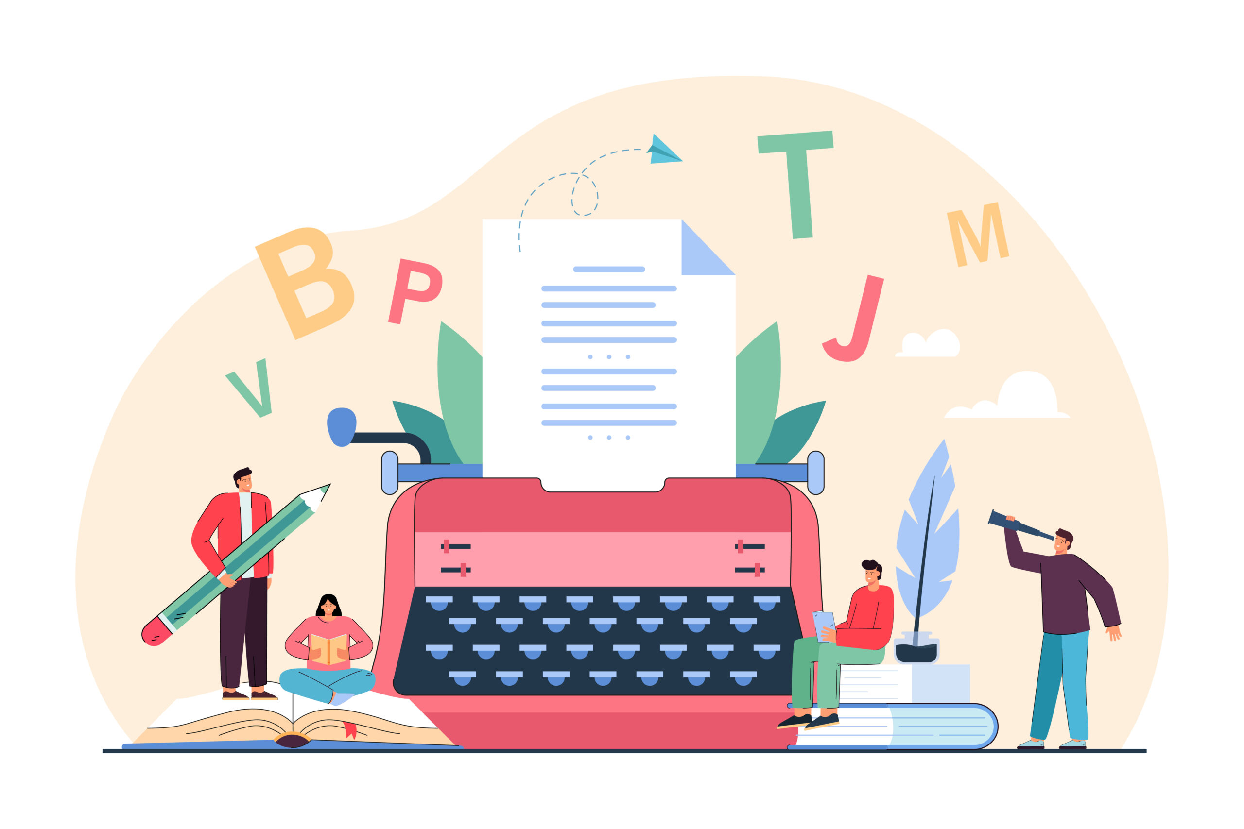 Tiny creative people writing poems on typewriter. Persons reading antique books, feather in ink bottle flat vector illustration. Literature, poetry concept for banner, website design or landing page