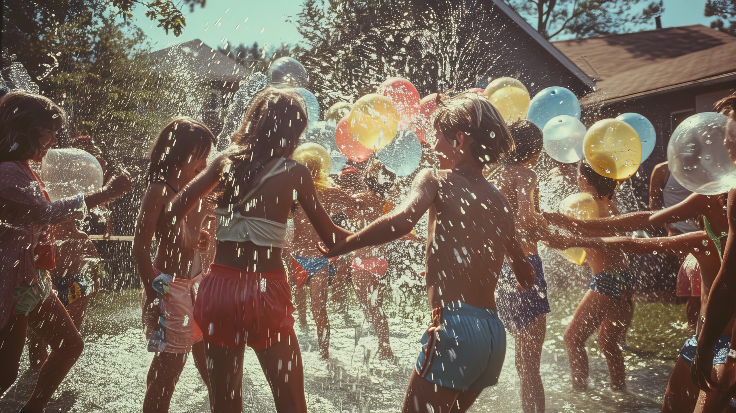 film photography 35mm, hyper-realistic photo, outfit and hairstyle are perfectly adapted to the 1980s style, the photograph was taken in the year 1980 Water Balloon Fight: Kids and adults engaged in a playful water balloon fight in a suburban backyard, wearing colorful shorts and t-shirts. The scene is filled with laughter, splashes, and flying balloons. --ar 16:9 Job ID: 1fec68a4-165b-4f0c-9bda-663db4b4d0c5