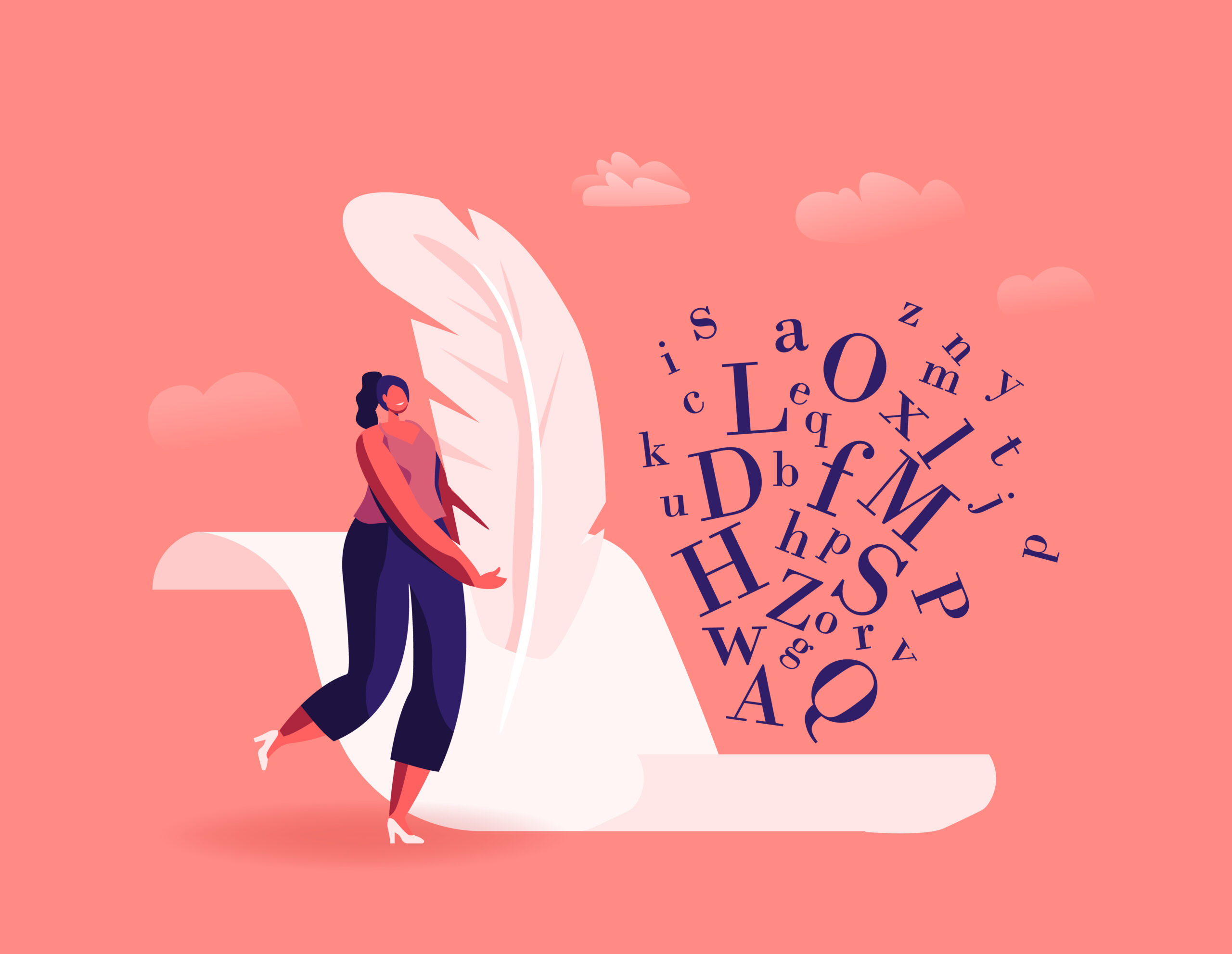 Literature and Writing Hobby, Occupation. Tiny Female Author Character with Huge Feather Pen Writing on Blank Paper Sheet, Woman Create Books, Poetry or Narration Concept. Cartoon Vector Illustration