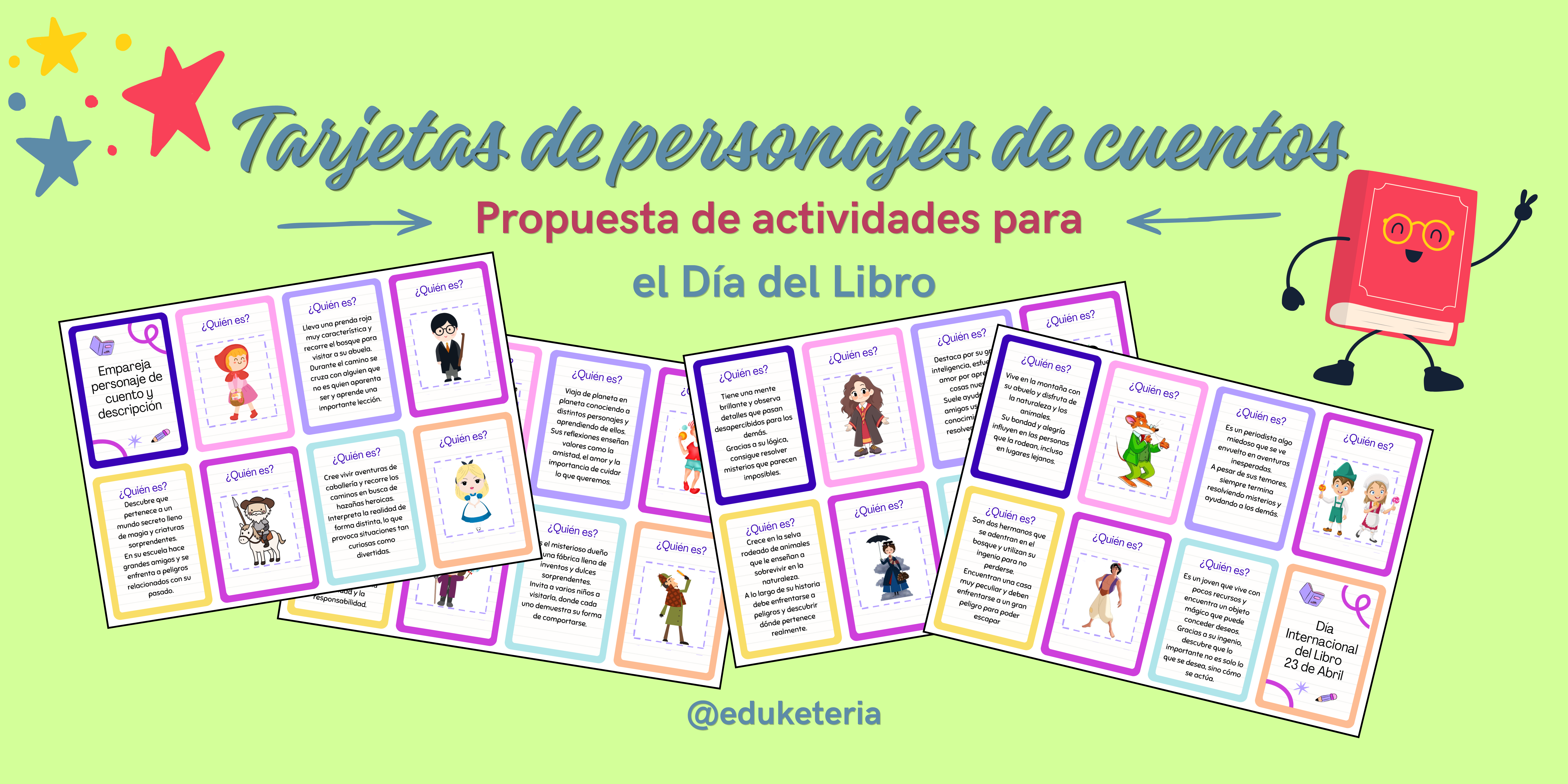 Tarjetas de personajes de cuentos para el Día del Libro